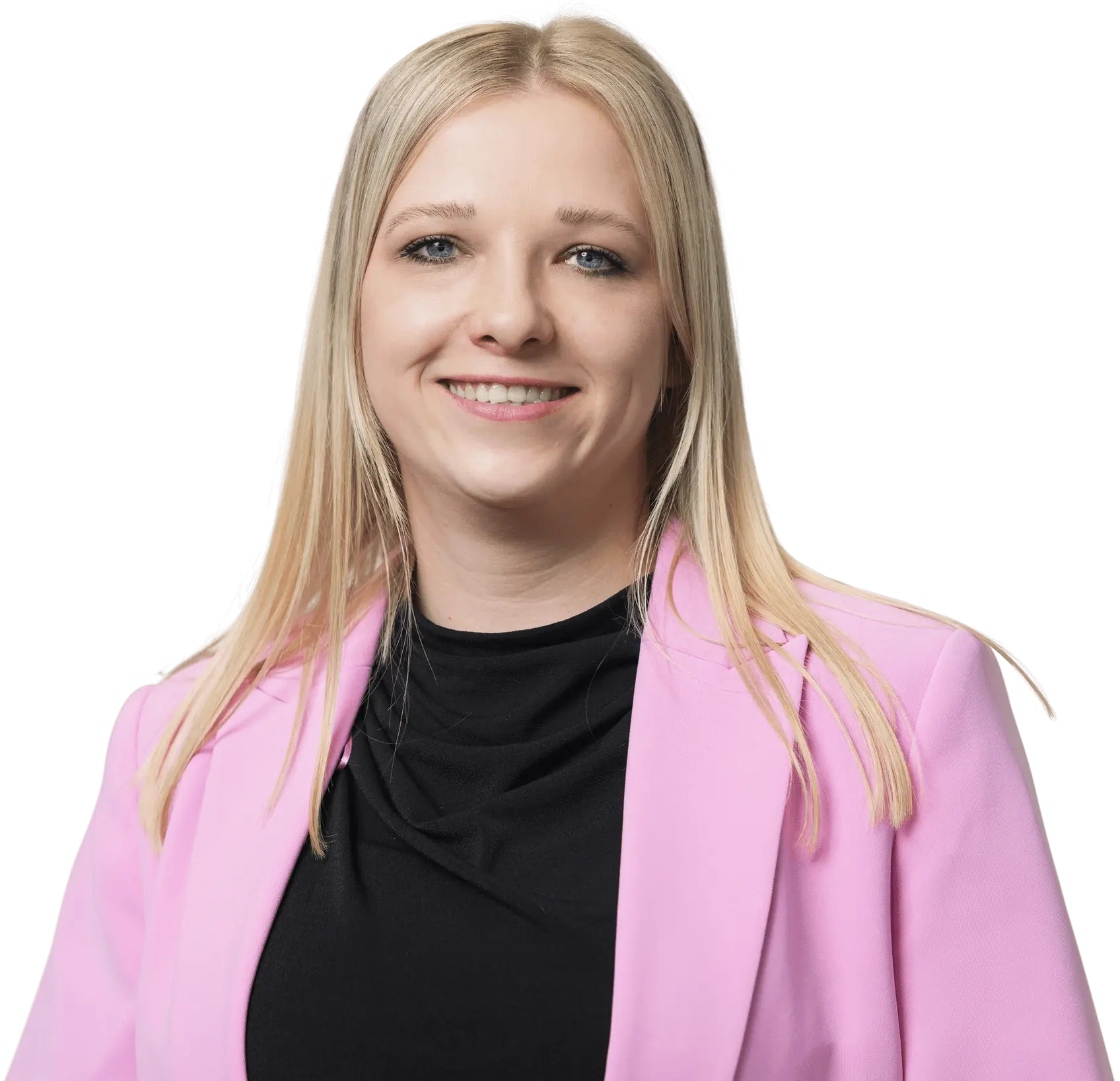 Mitarbeiterin in rosa Blazer, symbolisiert Professionalität und Kompetenz bei Hofmann Personal.