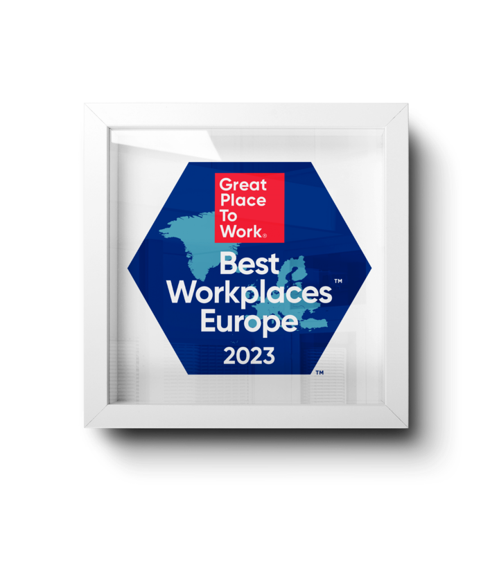Auszeichnung Great Place to Work Best Workplaces Europe 2023 für Hofmann Personal als attraktiver Arbeitgeber in der Zeitarbeit.