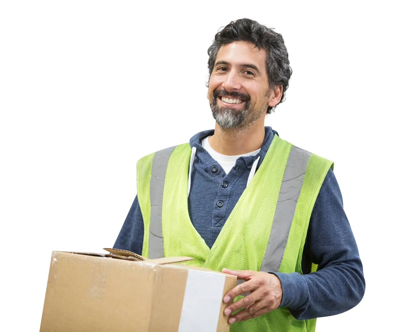 Zeitarbeiter in Warnweste trägt Karton, symbolisiert Logistik und Transportbranche bei Hofmann Personal