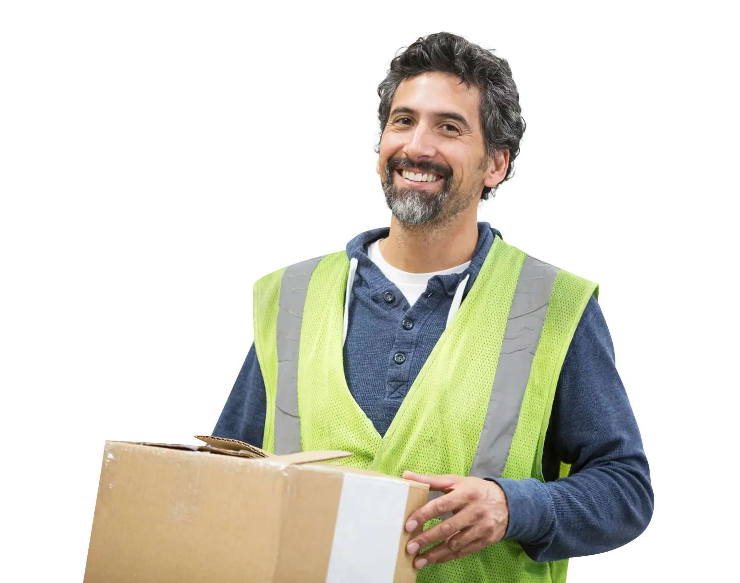 Zeitarbeiter in Warnweste trägt Karton, symbolisiert Logistik und Transportbranche bei Hofmann Personal