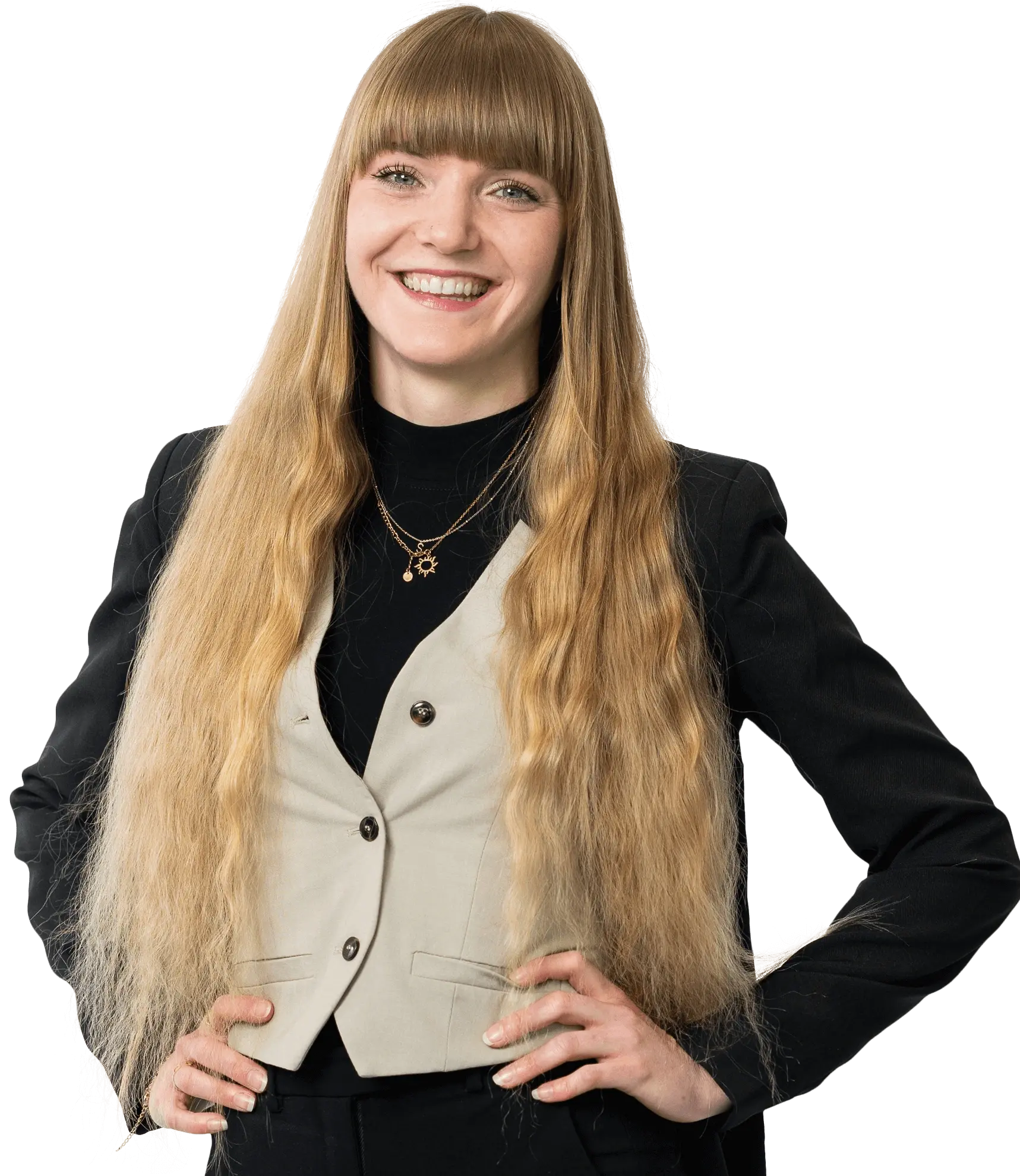 Jobmanagerin mit langen blonden Haaren in Business-Outfit, steht für professionelle Personaldienstleistungen bei Hofmann Personal.