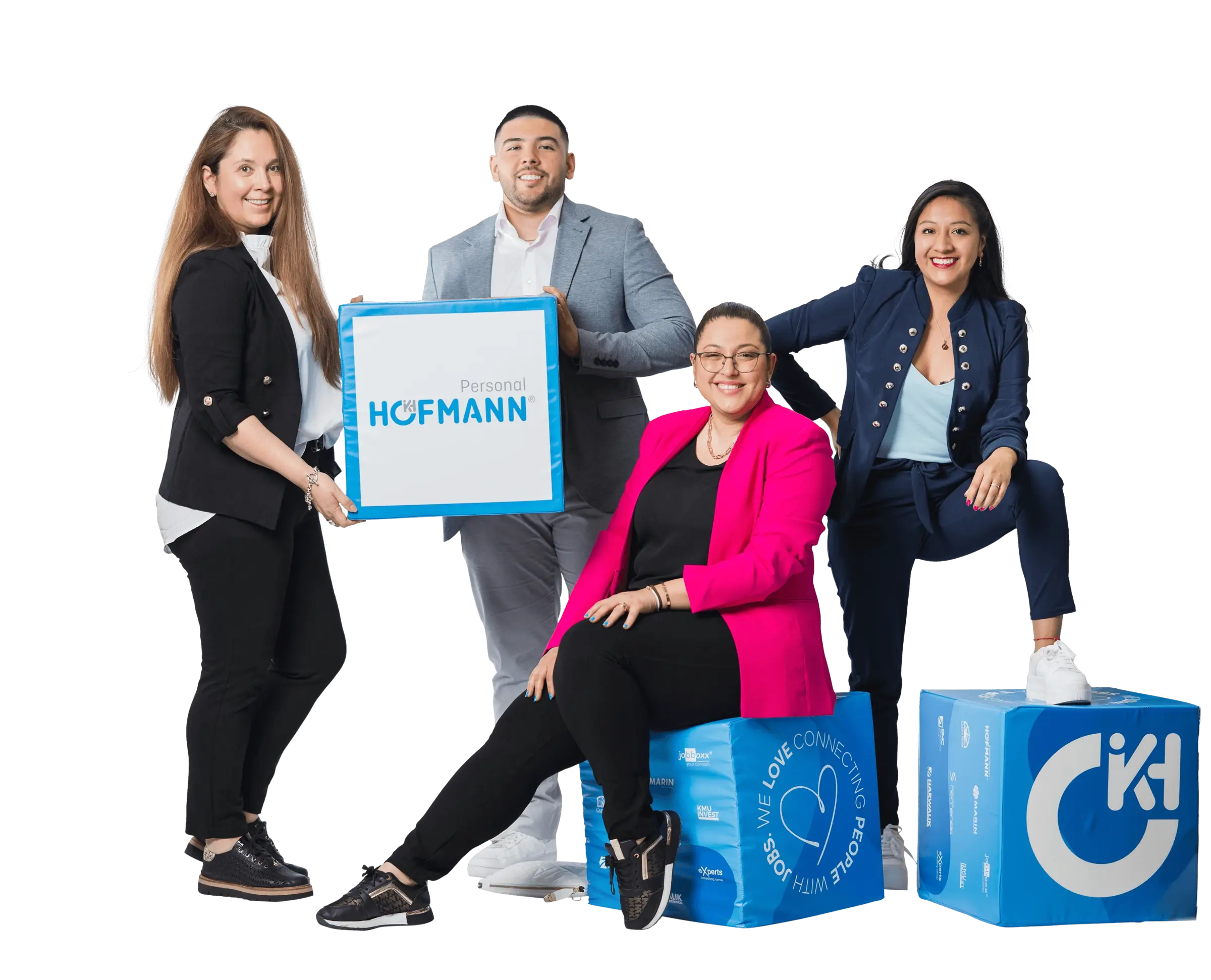 Team von Hofmann Personal mit Branding-Elementen, steht für interne Karrierechancen und Zusammenarbeit.
