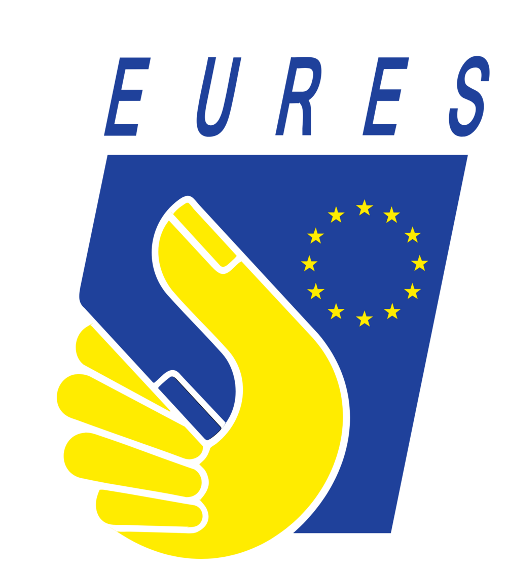 EURES-Symbol für europaweite Jobsuche: EU-Sternkreis und Stempel mit EU-Grundfarben
