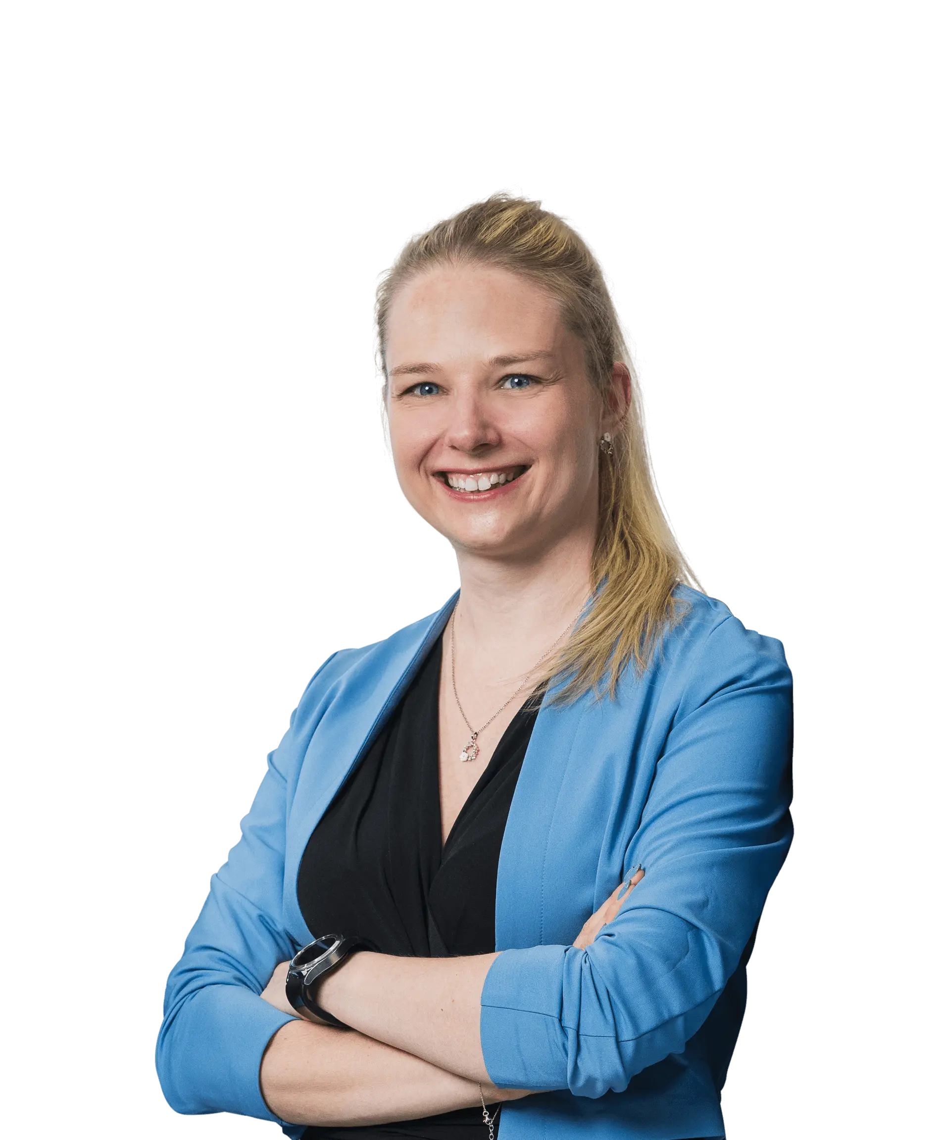 Mitarbeiterin in blauem Blazer, symbolisiert Professionalität und Kompetenz bei Hofmann Personal.