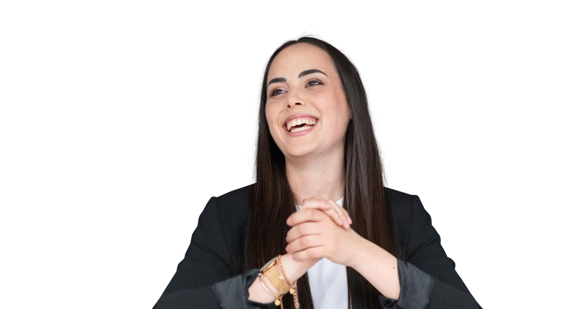 Interne Mitarbeiterin in Businesskleidung mit verschränkten Händen, symbolisiert Kompetenz und Engagement bei Hofmann Personal.