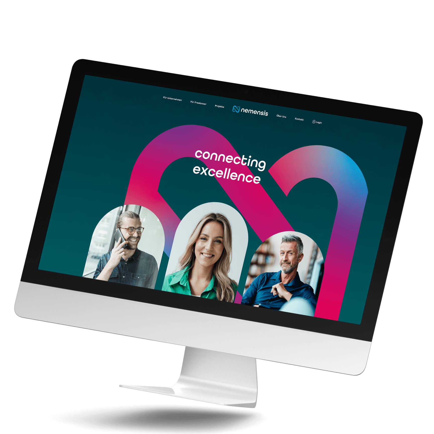 Mockup eines Desktops der nemensis Website. Fokus liegt auf der Vermittlung von Freelancern.