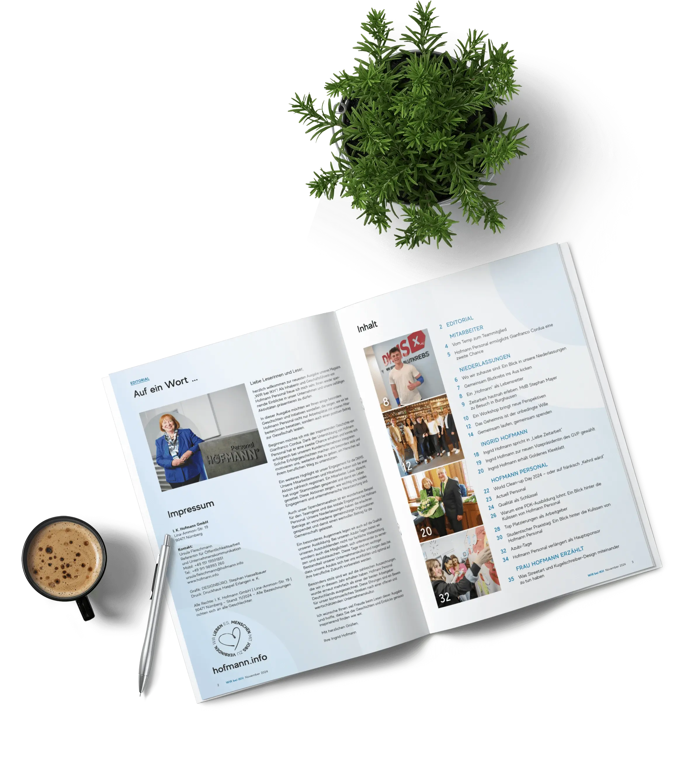 Aufgeschlagenes Unternehmensmagazin von Hofmann Personal. Zu sehen sind eine Inhaltsseite und die Einleitung.