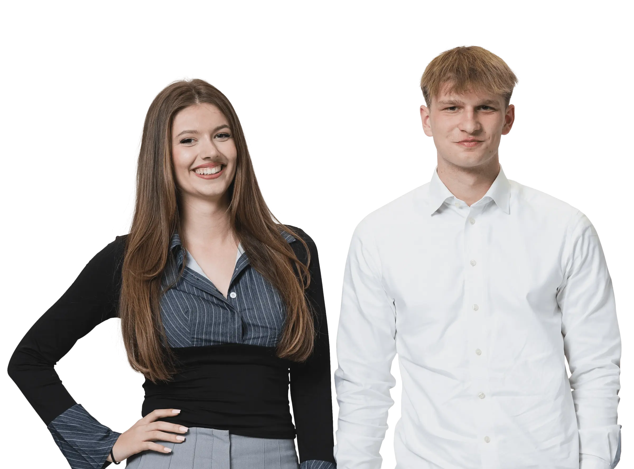 Zwei Auszubildende bei Hofmann Personal in Business-Kleidung, symbolisieren Karrierechancen und Entwicklungsmöglichkeiten.