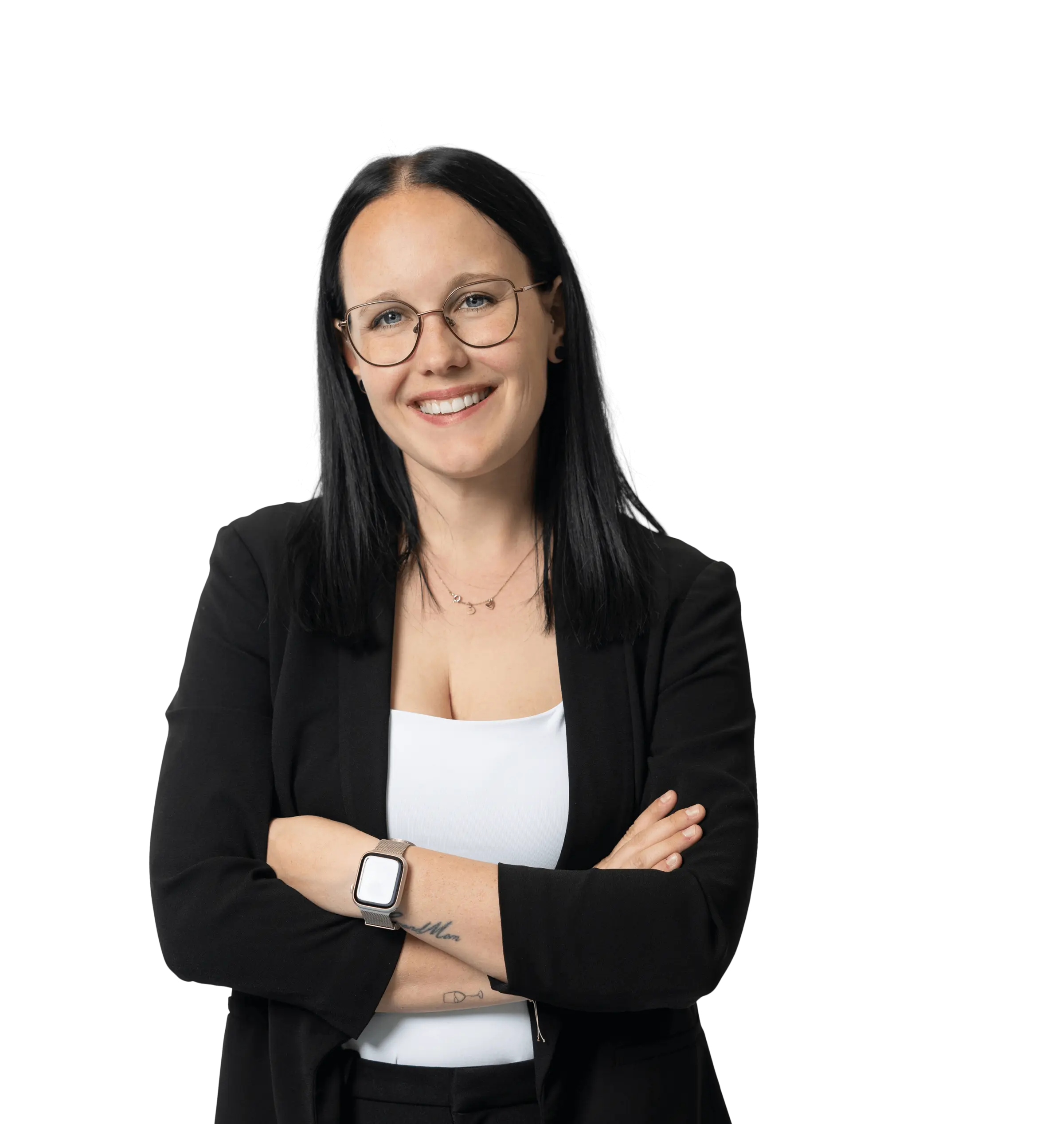 Professionelle Mitarbeiterin in schwarzer Business-Kleidung, symbolisch für Kompetenz und Service in der Personaldienstleistungsbranche.