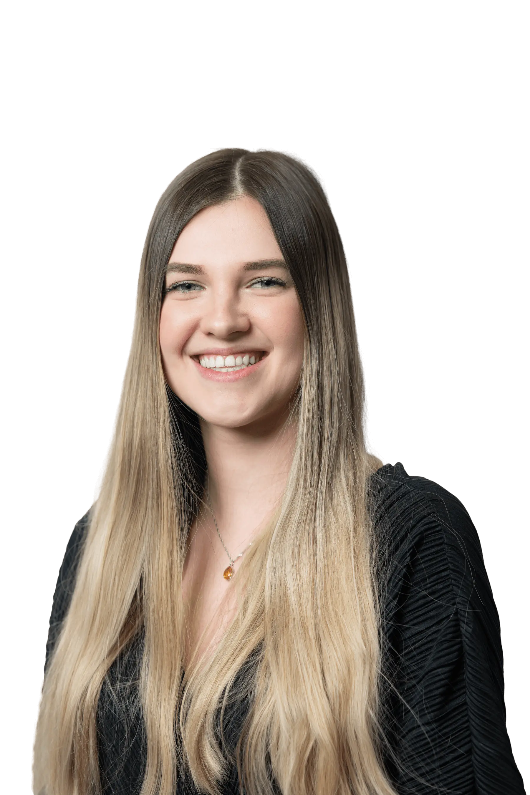 Studierende mit langen, blonden Haaren in schwarzer Bluse, symbolisch für Studentenjobs bei Hofmann Personal.