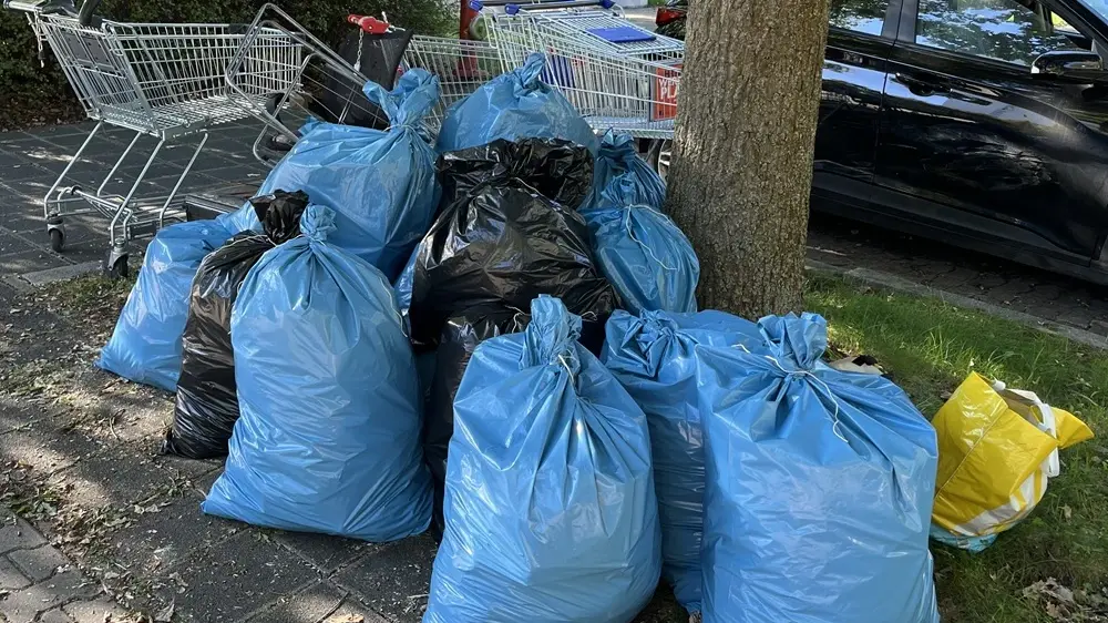 Mehrere blaue Müllsäcke stehen gesammelt unter einem Baum, daneben liegen weitere abgelegte Gegenstände im Freien.