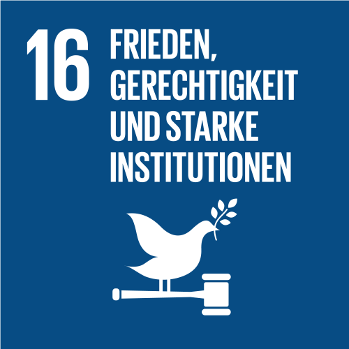 SDG-Icon 16 mit Text ‚Frieden, Gerechtigkeit und starke Institutionen‘ und Symbol von Taube und Richterhammer.