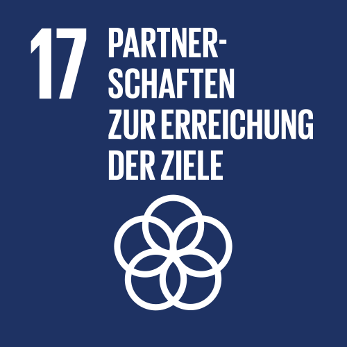 SDG-Icon 17 mit Text ‚Partnerschaften zur Erreichung der Ziele‘ und vernetztem Kreissymbol auf dunkelblauem Hintergrund