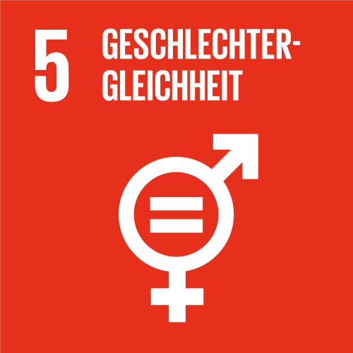 SDG-Icon 5 mit Text ‚Geschlechtergleichheit‘ und kombiniertem Gender-Symbol mit Gleichheitszeichen auf rotem Hintergrund.