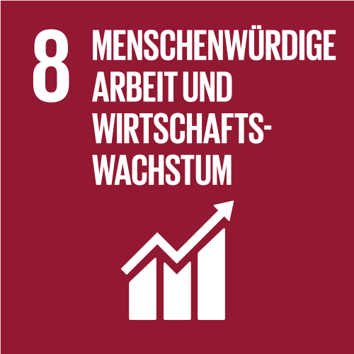 SDG-Icon 8 mit Text ‚Menschenwürdige Arbeit und Wirtschaftswachstum‘ und wachsendem Balkendiagramm auf rotem Hintergrund